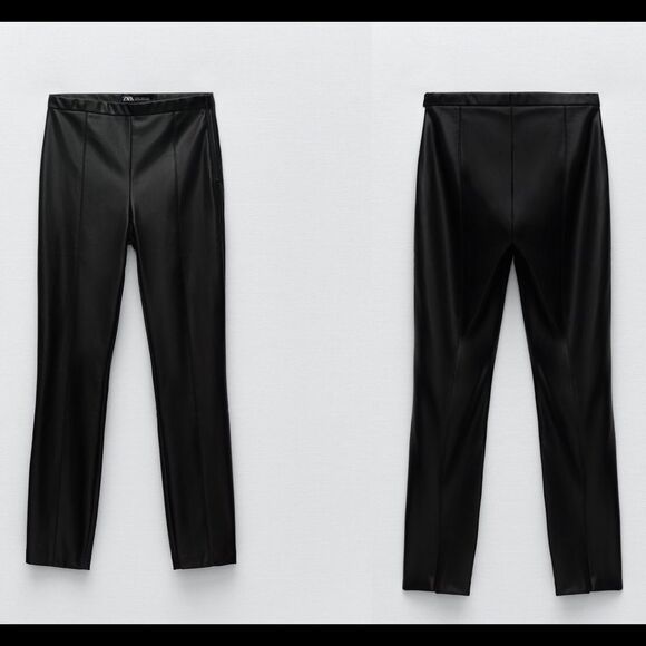 Zara black leggings vegan faux leather high waisted side zipper size medium NWT - Picture 4 of 12